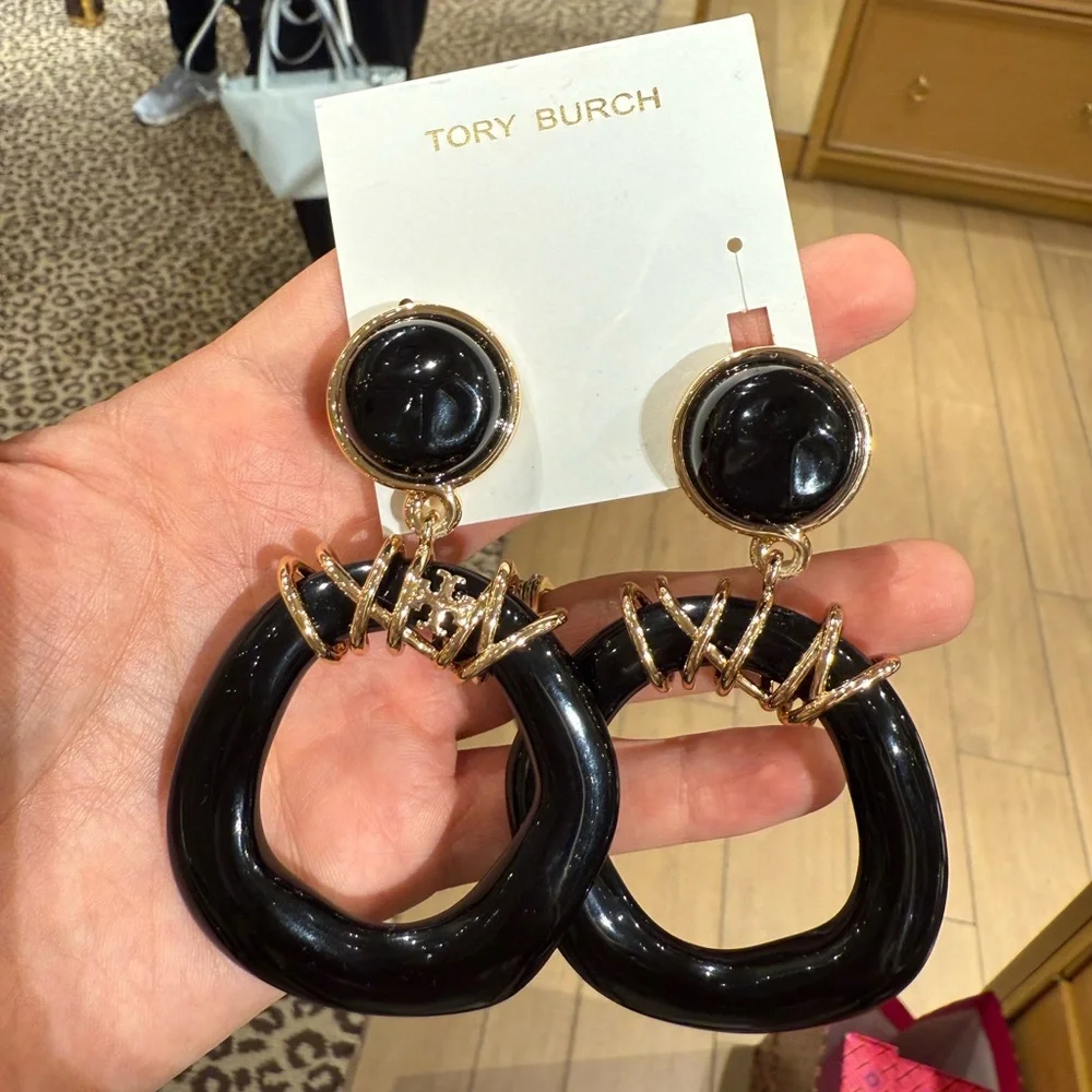 Tory Burch Kira Logo Clip On Doorknocker Drop Earrings in 18K Gold Plated, Black